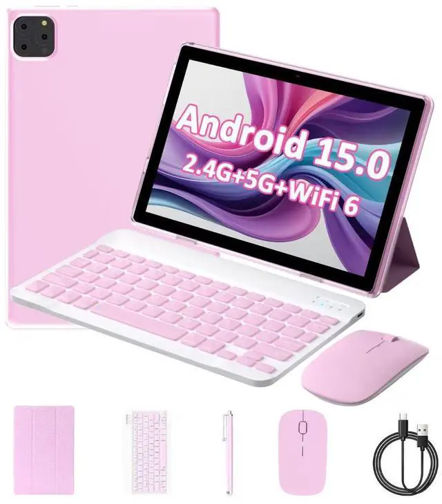 Main image of Android 15 Tablet 10 Inch, 12(3+9)GB RAM+64GB ROM, 2 in 1 Tablets with Keyboard Case Mouse Stylus, 1.8GHz Five-core Processor, 1280 * 800 IPS HD Screen, 5G WiFi6 BT 5.3, 8MP Camera Tableta PC(Pink)