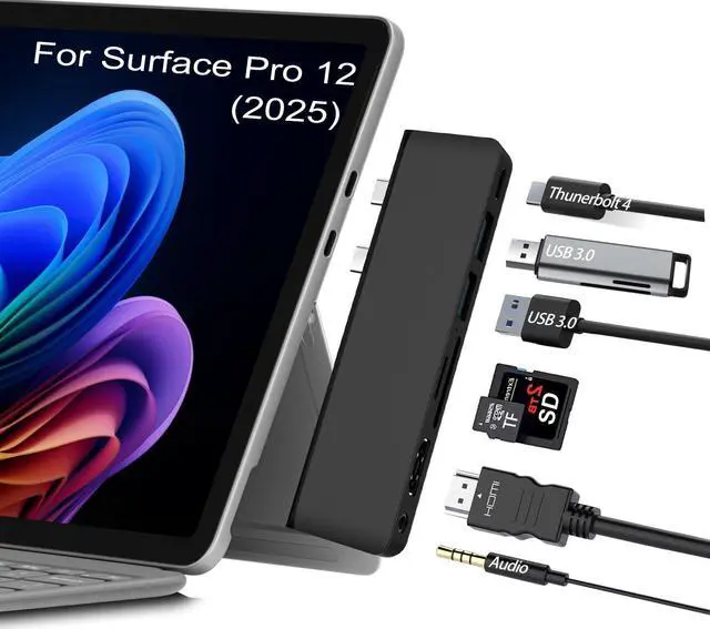 Main image of Surface Pro 12 USB Hub Adapter, Docking Station with 4K HDMI, USB-C Thunderbolt 4 (Display+Data+100W PD), 2 USB 3.0, 3.5mm Audio, SD/TF Card Slot, Accessories for Surface Pro 12 inch 2025