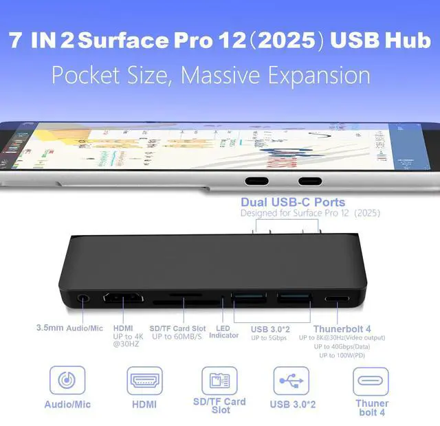 Alt view image 2 of 5 - Surface Pro 12 USB Hub Adapter, Docking Station with 4K HDMI, USB-C Thunderbolt 4 (Display+Data+100W PD), 2 USB 3.0, 3.5mm Audio, SD/TF Card Slot, Accessories for Surface Pro 12 inch 2025