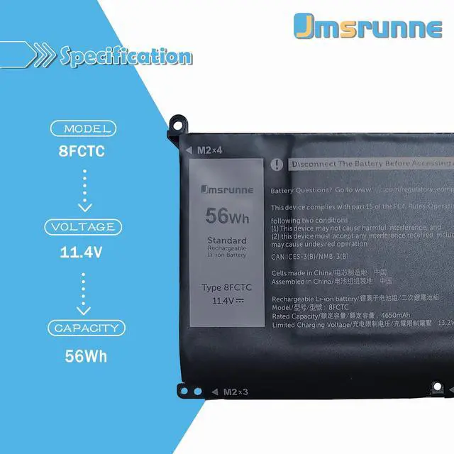 Alt view image 2 of 5 - Jmsrunne 56Wh 8FCTC Laptop Battery Compatible with Dell XPS 15 9500 Precision 5550 Alienware M15 R3 R4 M17 R4 R3 Series Notebook 69KF2 08FCTC 0P8P1P 0DVG8M 0M59JH 70N2F 070N2F 11.4V 4650mAh