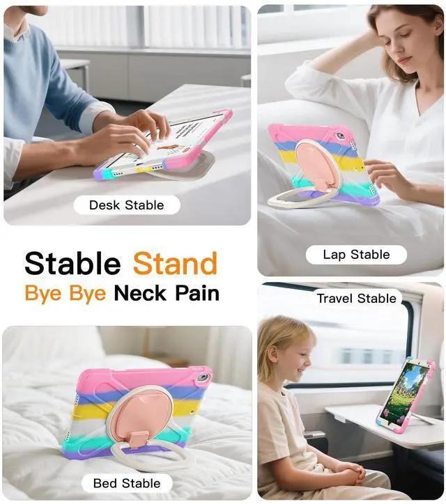 Alt view image 4 of 5 - BATYUE iPad Air 3rd Generation Case 2019 Release, iPad Pro 10.5 Case 2017 Released; Rugged Heavy Duty Protective Cover with Pencil Holder, 360° Swivel Stand, Shoulder Strap; for Kids (Colourful Pink)