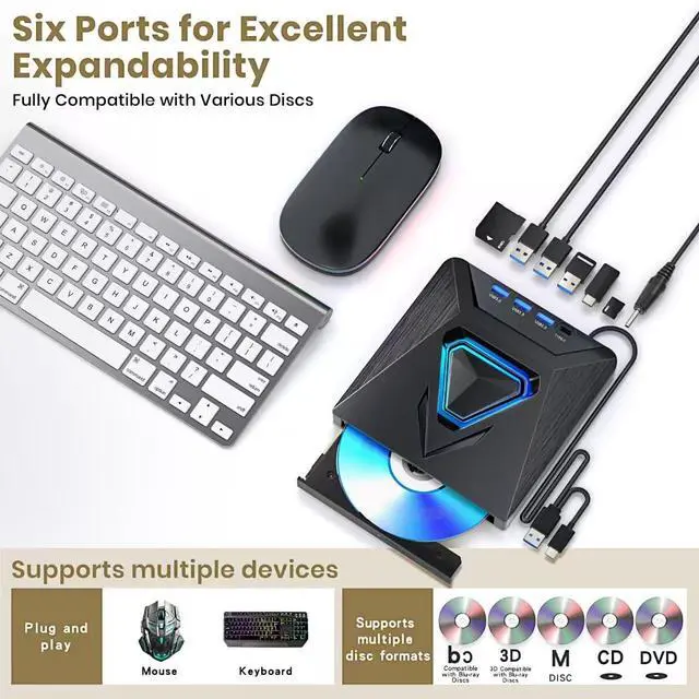 Alt view image 4 of 5 - External CD DVD Drive, USB 3.0 Type-C Portable CD/DVD +/-RW Drive/DVD Player with SD Card Reader USB 3.0 USB C Hub CD ROM Burner Compatible for Laptop Desktop PC Mac Windows 11/10/8/7 Linux (B21-Y)