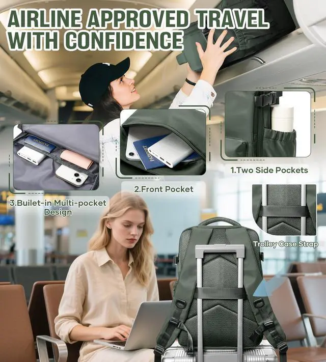 Alt view image 4 of 5 - Vacuum Travel Backpack with Pump for Women, Personal Item Carry on Vacpack Backpacks Flight Approved 18x14x8 inches for Men,Laptop Waterproof Work Compression bags Casual Daypack,BrownGreen