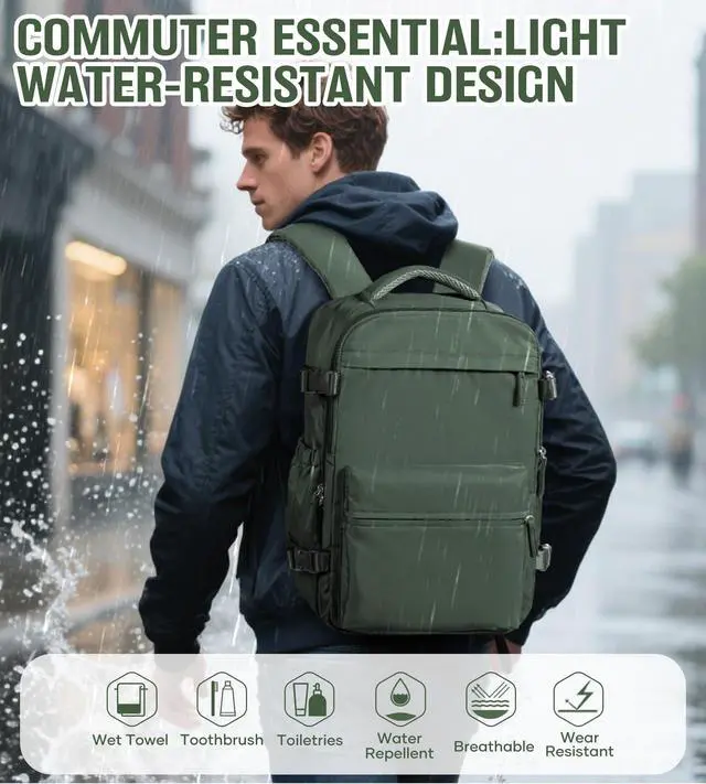 Alt view image 5 of 5 - Vacuum Travel Backpack with Pump for Women, Personal Item Carry on Vacpack Backpacks Flight Approved 18x14x8 inches for Men,Laptop Waterproof Work Compression bags Casual Daypack,BrownGreen