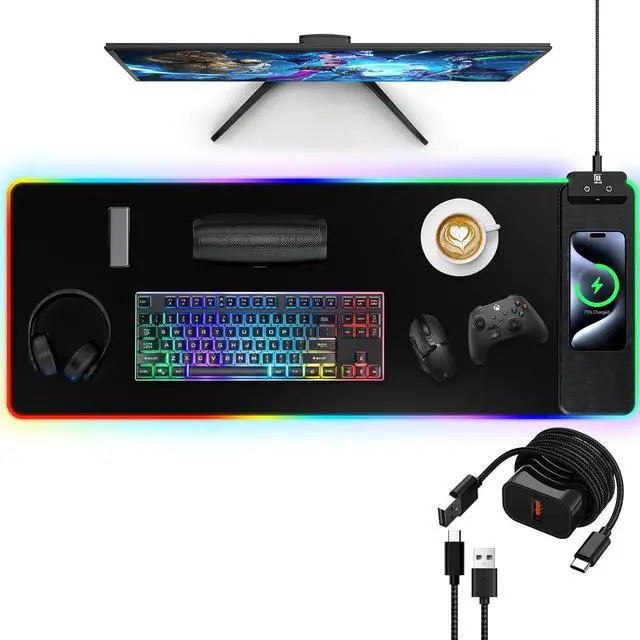 Main image of Mouse Pad with Wireless Charging, Large Desk Mat RGB Gaming Mousepad, 10 Light Colors LED Gaming Pad Keyboard Pad with Ultra-Smooth Surface & Non-Slip Rubber Base, Waterproof Full Desk Mouse Pad