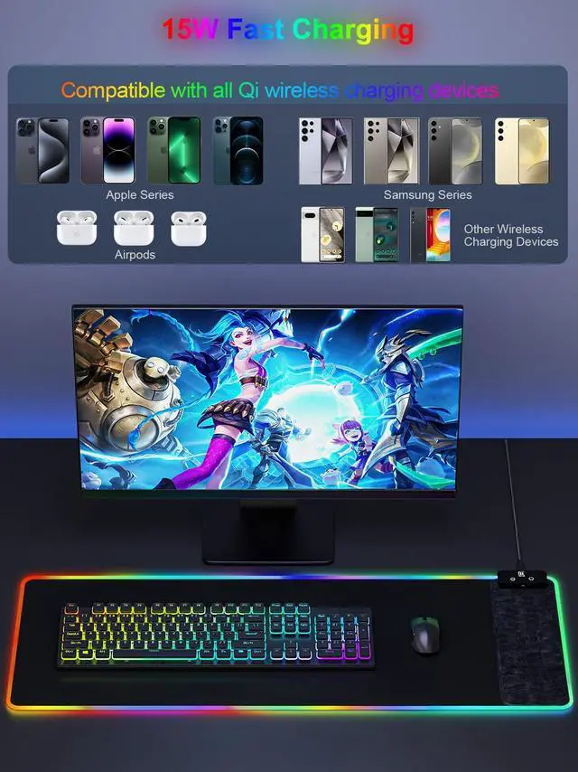Alt view image 3 of 5 - Mouse Pad with Wireless Charging, Large Desk Mat RGB Gaming Mousepad, 10 Light Colors LED Gaming Pad Keyboard Pad with Ultra-Smooth Surface & Non-Slip Rubber Base, Waterproof Full Desk Mouse Pad