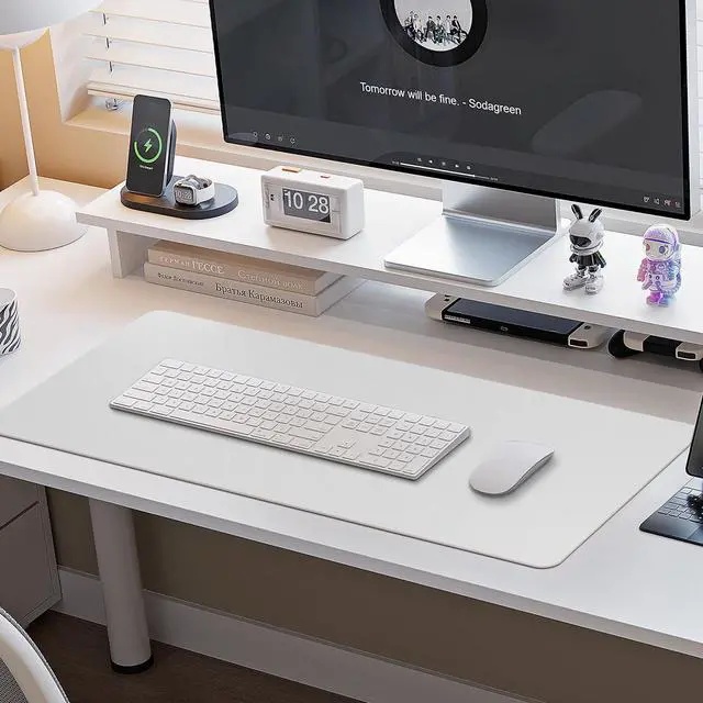 Alt view image 2 of 5 - Boutilon Leather Desk Pad Protector,Non-Slip Mouse Pad,Laptop Desk Pad,Office Mouse Mat,Waterproof Leather Desk Blotter,Desk Writing Pad for Office and Home (XXL-White,47.2"x 17")