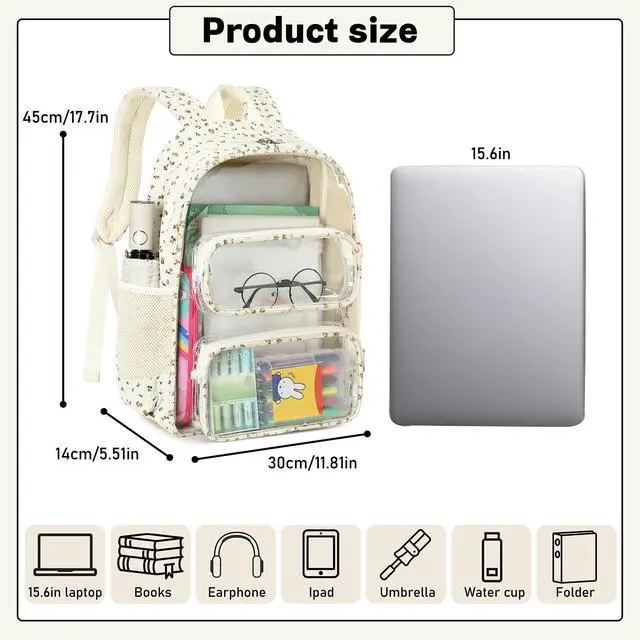 Alt view image 3 of 5 - CAMTOP Clear Backpack Heavy Duty Transparent Bag See Through BookBag for Student School Work Festival Sport Travel (Beige Yellow Flowers)