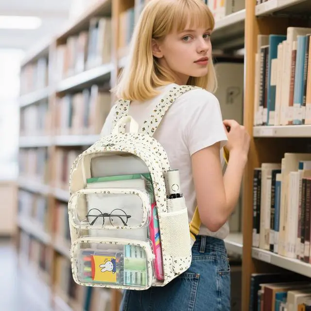 Alt view image 2 of 5 - CAMTOP Clear Backpack Heavy Duty Transparent Bag See Through BookBag for Student School Work Festival Sport Travel (Beige Yellow Flowers)