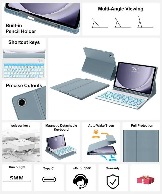 Alt view image 2 of 5 - Keyboard Case for Samsung Galaxy Tab A9 Plus 11 Inch 2023 Detachable Keypad with Colors Backlight, for Samsung Tablet Keyboard A9+ Folio with Pen Holder, Protector Case with Backlit Key Board, Blue