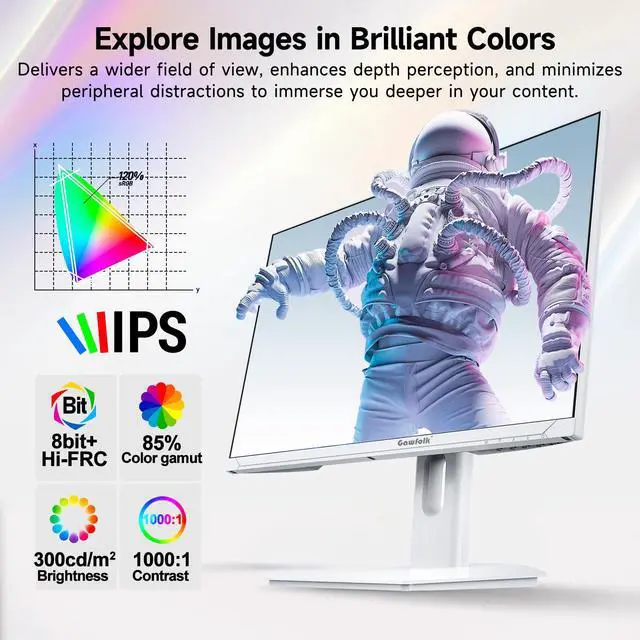 Alt view image 4 of 5 - Gawfolk 27 Inch 4K Gaming Monitor 160Hz, White PC Computer Monitors UHD 3840 x 2160p, IPS Screen for Home & Office, Freesync, DP 1.4, HDMI 2.1, Eye Care, Wall Mount Compatible