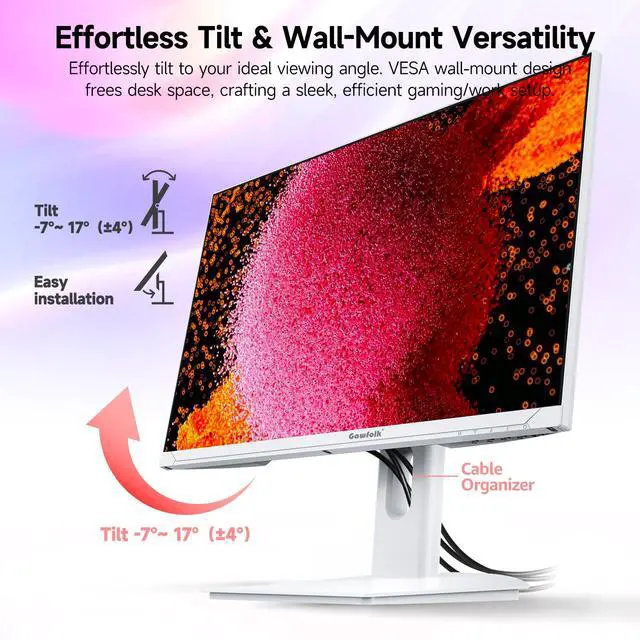 Alt view image 5 of 5 - Gawfolk 27 Inch 4K Gaming Monitor 160Hz, White PC Computer Monitors UHD 3840 x 2160p, IPS Screen for Home & Office, Freesync, DP 1.4, HDMI 2.1, Eye Care, Wall Mount Compatible