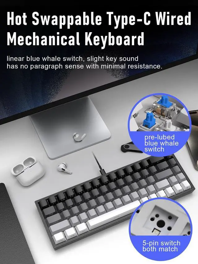 Alt view image 5 of 5 - ZIPFORCE 68-Key Mechanical Keyboard, Blue Liner Switches, Type-C Wired Connection, Multi-Color Mixed Backlight, PBT Keycaps, 100 Million Keystroke Lifespan, Hot Swappable Compact Gaming Keyboard