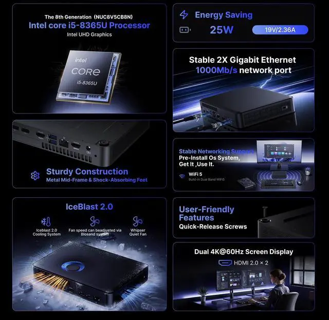 Alt view image 3 of 5 - waitloan NUC 8 Pro Chassis Element mini pc, NUC 8 Compute Element Core i5-8365U, with 8GB RAM & 512GB PCIe 4.0 NVMe SSD, Support Dual GbE/2×HDMI Dual Displays/WiFi 5/BT 5.1/Windows 11 Pro