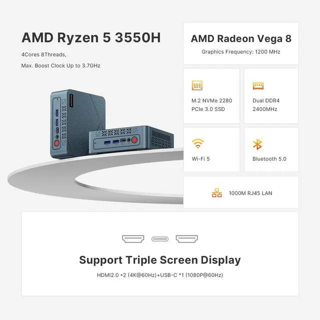 Alt view image 2 of 5 - BOSGAME E2 Mini PC with AMD Ryzen 5 3550H, 16GB RAM 512GB NVMe SSD, Triple Displays via USB-C & Dual HDMI, Gigabit Ethernet, Compact Desktop Computer for Business, Office & School