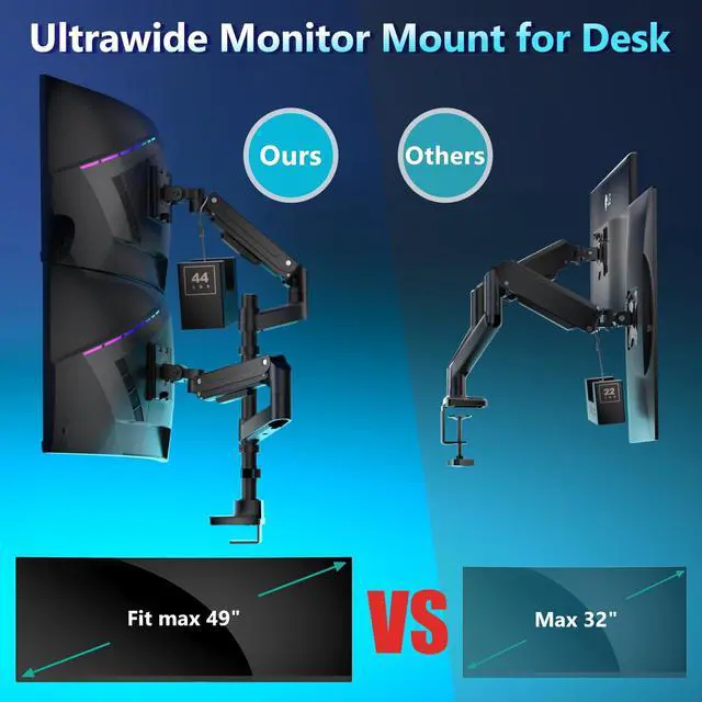 Alt view image 4 of 5 - WALI Dual Monitor Mount for Ultrawide Heavy Duty Curved Monitor Stacking, Dual Monitor Arm Fits 17-49 Inch for Ultrawide Screens up to 44lbs, 49 inch Monitor Arm, Black