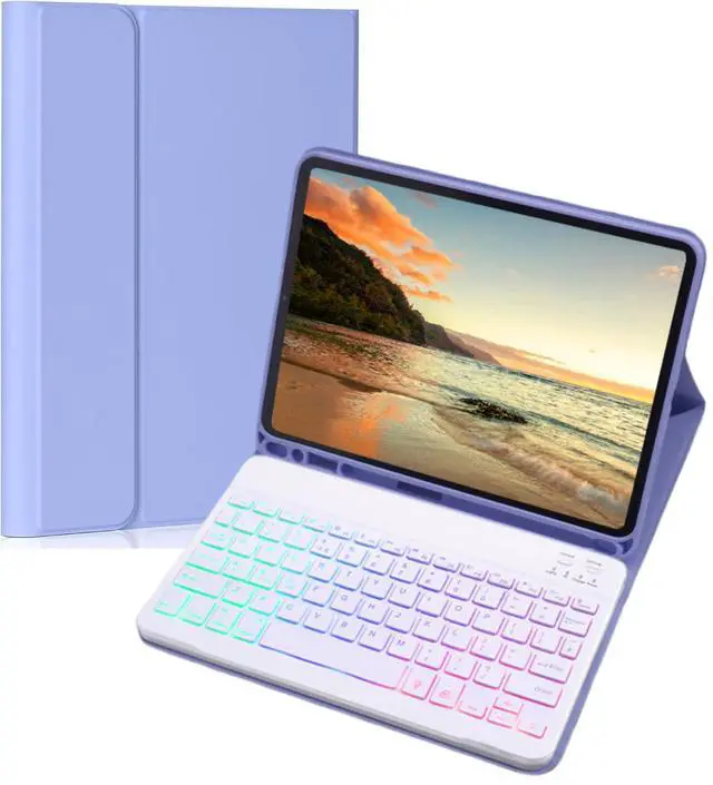 Main image of NUWONAYA Keyboard Case for Amazon Fire HD 10/10 Plus 10.1 inch 2021/2023(11/13th Generation), Slim 7 Color Rainbow Backlight Detachable Magnetic Keyboard Cover with Pencil Holder (Purple+White)