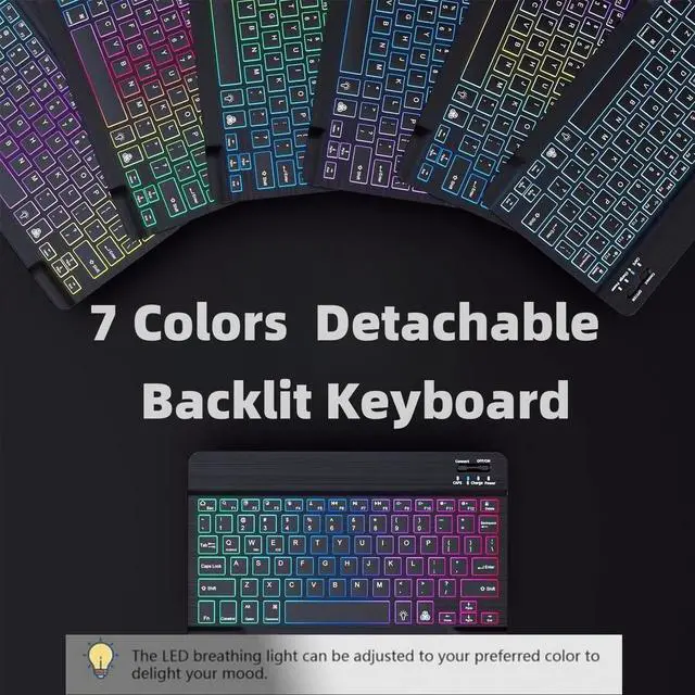 Alt view image 2 of 5 - NUWONAYA Keyboard Case for Amazon Fire HD 10/10 Plus 10.1 inch 2021/2023(11/13th Generation), Slim 7 Color Rainbow Backlight Detachable Magnetic Keyboard Cover with Pencil Holder (Purple+White)