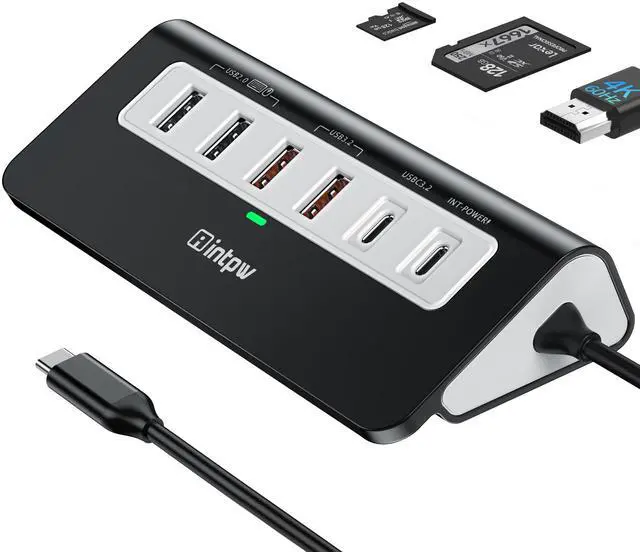 Main image of intpw USB C Hub 10Gbps, 9-in-1 USB C Docking station with 4K@60Hz HDMI, Type-C & 2 Type-A 3.2, 2 USB-A 2.0, PD 100W, SD/TF Port, Black Aluminum USB Hub for Laptop, iPhone 16/15 Series, MacBook Air/Pro