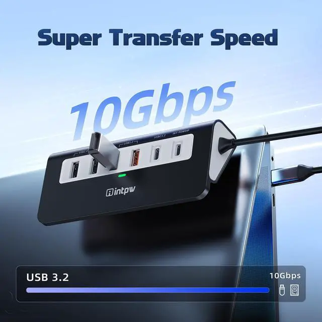 Alt view image 3 of 5 - intpw USB C Hub 10Gbps, 9-in-1 USB C Docking station with 4K@60Hz HDMI, Type-C & 2 Type-A 3.2, 2 USB-A 2.0, PD 100W, SD/TF Port, Black Aluminum USB Hub for Laptop, iPhone 16/15 Series, MacBook Air/Pro