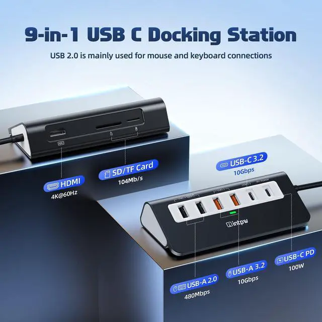 Alt view image 2 of 5 - intpw USB C Hub 10Gbps, 9-in-1 USB C Docking station with 4K@60Hz HDMI, Type-C & 2 Type-A 3.2, 2 USB-A 2.0, PD 100W, SD/TF Port, Black Aluminum USB Hub for Laptop, iPhone 16/15 Series, MacBook Air/Pro