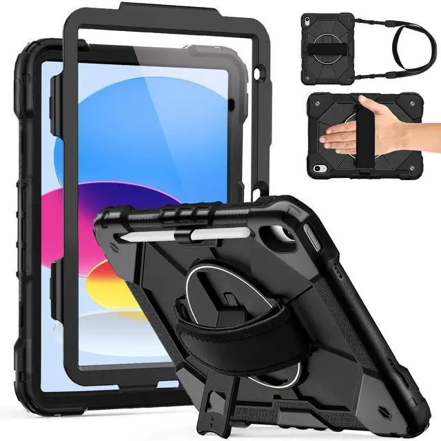 Main image of Weuiean Case for iPad A16 11th/10th Generation 11"/10.9", Military-Grade Heavy-Duty Shockproof Cover with 360° Rotating Stand, Built-in Pencil Holder & Adjustable Hand/Shoulder Strap - Black+Black
