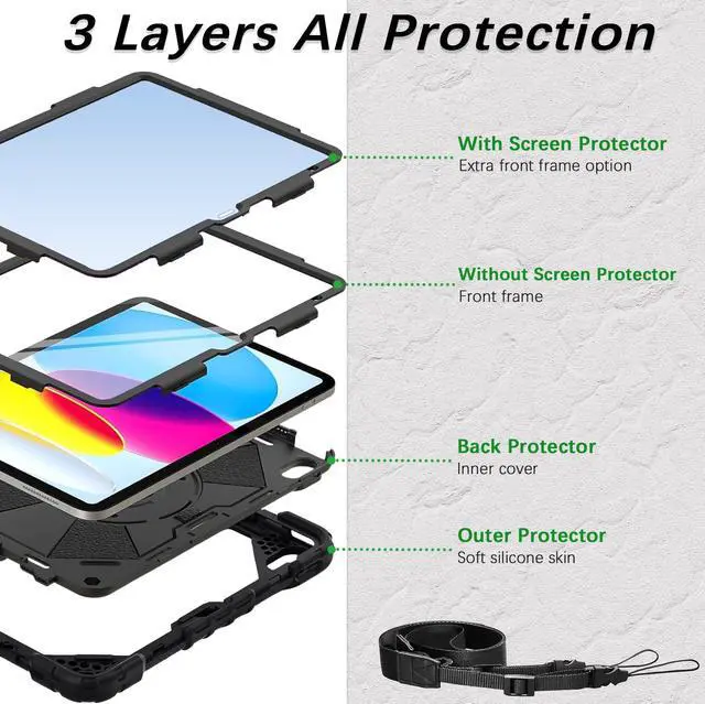 Alt view image 4 of 5 - Weuiean Case for iPad A16 11th/10th Generation 11"/10.9", Military-Grade Heavy-Duty Shockproof Cover with 360° Rotating Stand, Built-in Pencil Holder & Adjustable Hand/Shoulder Strap - Black+Black