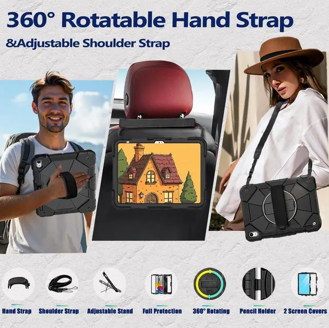 Alt view image 3 of 5 - Weuiean Case for iPad A16 11th/10th Generation 11"/10.9", Military-Grade Heavy-Duty Shockproof Cover with 360° Rotating Stand, Built-in Pencil Holder & Adjustable Hand/Shoulder Strap - Black+Black