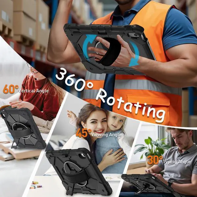 Alt view image 5 of 5 - Weuiean Case for iPad A16 11th/10th Generation 11"/10.9", Military-Grade Heavy-Duty Shockproof Cover with 360° Rotating Stand, Built-in Pencil Holder & Adjustable Hand/Shoulder Strap - Black+Black