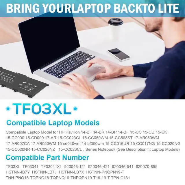 Alt view image 2 of 5 - ASUNCELL 42Wh TF03XL 920070-855 920046-421 Battery for HP Pavilion X360 15-CC 15-CD 15-cc154cl 15-cc060wm 15-cc152od 15-cc055od 15-cd040wm 17-AR007CA 17-AR050WM 920070-855, 11.55V