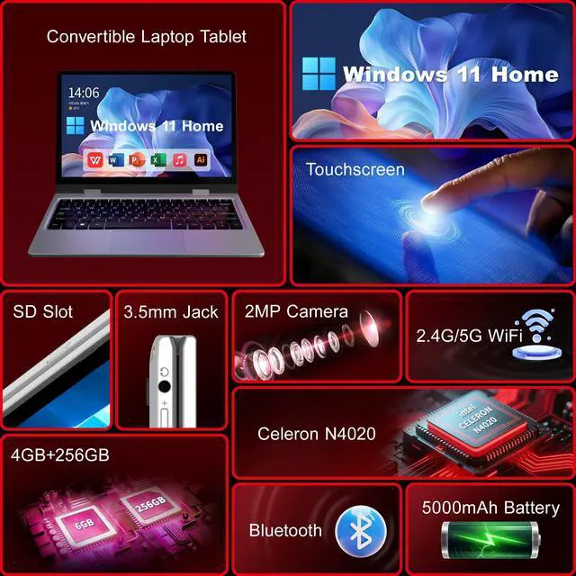 Alt view image 2 of 5 - Elepad 2 in 1 Laptop Computers Windows 11, 11.6 inch Touchscreen Laptop Tablet, 4GB RAM 256 GB SSD, HDMI Type-C 2.4G/5G WiFi BT SD Slot 3.5mm Jack 5000mAh for Work Education Entertainment