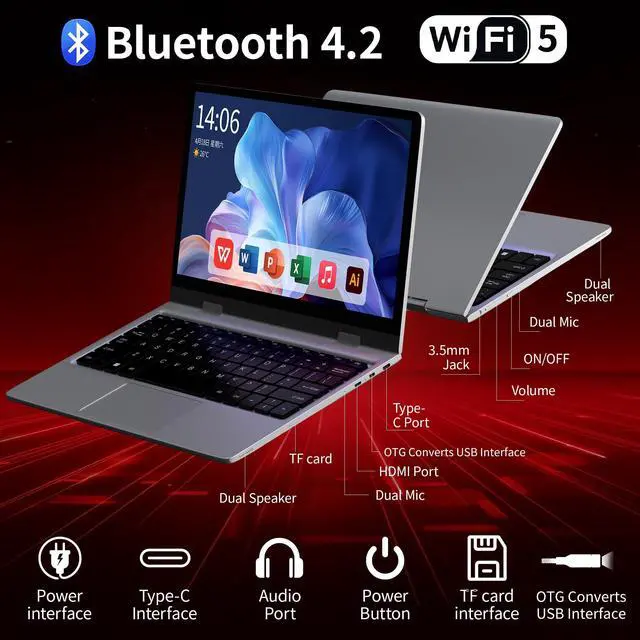 Alt view image 4 of 5 - Elepad 2 in 1 Laptop Computers Windows 11, 11.6 inch Touchscreen Laptop Tablet, 4GB RAM 256 GB SSD, HDMI Type-C 2.4G/5G WiFi BT SD Slot 3.5mm Jack 5000mAh for Work Education Entertainment