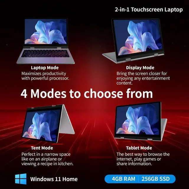 Alt view image 5 of 5 - Elepad 2 in 1 Laptop Computers Windows 11, 11.6 inch Touchscreen Laptop Tablet, 4GB RAM 256 GB SSD, HDMI Type-C 2.4G/5G WiFi BT SD Slot 3.5mm Jack 5000mAh for Work Education Entertainment