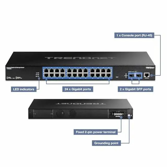 Alt view image 3 of 5 - TRENDnet 26-Port Industrial Gigabit L2 Managed Rackmount Switch, TI-RG262i, 24 x Gigabit Ports, 2 x SFP Ports, IP30 Rated Metal Housing, Lifetime Protection, Black