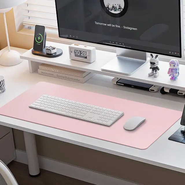 Alt view image 2 of 5 - Boutilon Leather Desk Pad Protector,Non-Slip Mouse Pad,Laptop Desk Pad,Office Mouse Mat,Waterproof Leather Desk Blotter,Desk Writing Pad for Office and Home (XXL-Light Pink,47.2"x 17")