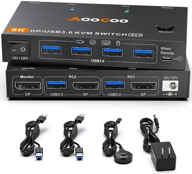 Main image of DP KVM Switch 1 Monitors 2 Computers, 8K@60Hz/4K@240Hz KVM Switch for 2 PC Sharing 1 Monitors, Keyboard, Mouse, with USB3.0 Cables, Wired Controller and Power Adapter