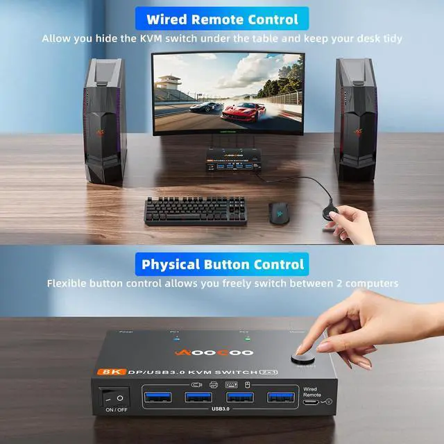 Alt view image 4 of 5 - DP KVM Switch 1 Monitors 2 Computers, 8K@60Hz/4K@240Hz KVM Switch for 2 PC Sharing 1 Monitors, Keyboard, Mouse, with USB3.0 Cables, Wired Controller and Power Adapter