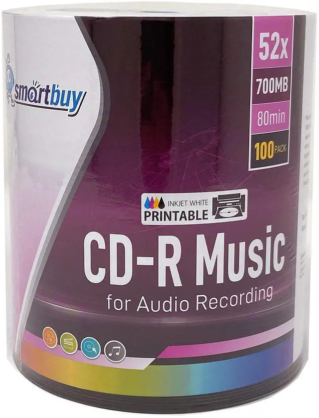 Main image of 100 Pack Smartbuy Digital Audio CD-R Music 52X 700MB/80Min White Inkjet Hub Printable Blank Recordable Disc