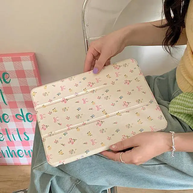 Alt view image 3 of 5 - Triple Adjustable Kickstand Hard Folio Case for Apple Tablet Cream White Pink Bow Flowers Floral Refreshing Chic Delicate Cute Lovely Cartoon Girls Kids (for iPad Air 10.9-Inch 5th Generation 2022)