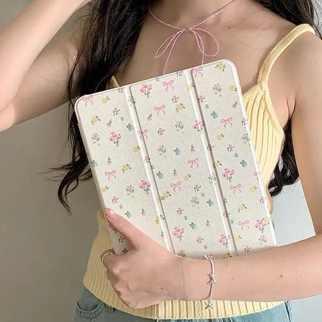 Alt view image 2 of 5 - Triple Adjustable Kickstand Hard Folio Case for Apple Tablet Cream White Pink Bow Flowers Floral Refreshing Chic Delicate Cute Lovely Cartoon Girls Kids (for iPad Air 10.9-Inch 5th Generation 2022)