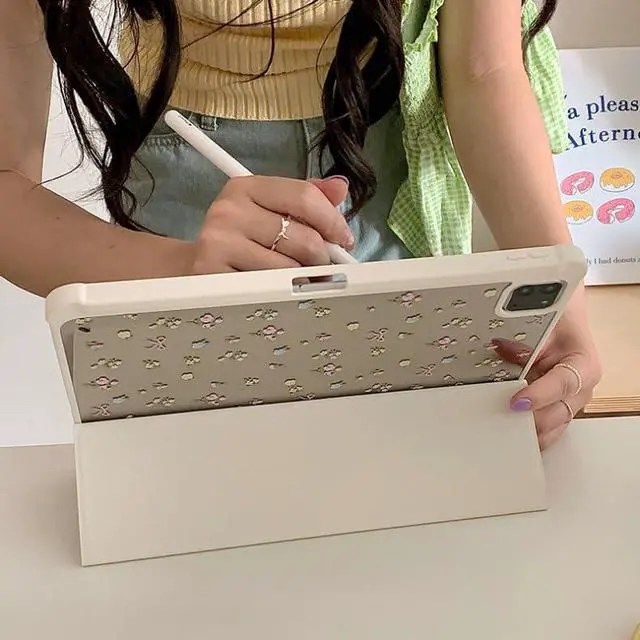 Alt view image 5 of 5 - Triple Adjustable Kickstand Hard Folio Case for Apple Tablet Cream White Pink Bow Flowers Floral Refreshing Chic Delicate Cute Lovely Cartoon Girls Kids (for iPad Air 10.9-Inch 5th Generation 2022)