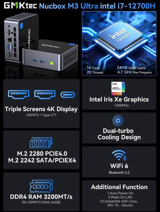 Alt view image 2 of 5 - GMKtec Mini PC Intel i7 12700H (14C/20T 4.7 GHz) 16GB DDR4 1TB SSD, Mini Desktop Computer Iris XE Graphics, Triple 4K Display, WiFi 6, BT5.2, USB-C M3 Ultra