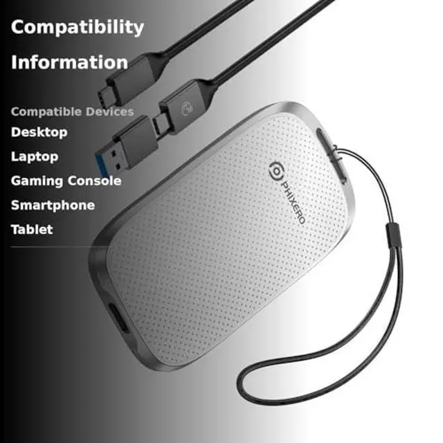Alt view image 3 of 5 - PHIXERO P5 1TB External Portable SSD - 5Gbps External Hard Drive with 2-in-1 USB C to C & USB C to A Cable for PC, Mac, PS5, Xbox | Anti-Shock, Compact Design with Lanyard Hole,White