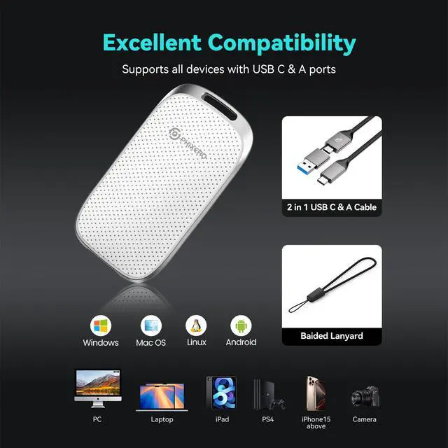 Alt view image 4 of 5 - PHIXERO P5 1TB External Portable SSD - 5Gbps External Hard Drive with 2-in-1 USB C to C & USB C to A Cable for PC, Mac, PS5, Xbox | Anti-Shock, Compact Design with Lanyard Hole,White