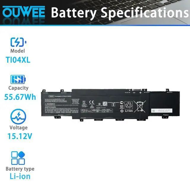 Alt view image 2 of 5 - OUWEE TI04XL M24420-1D1 Laptop Battery Replacement for Hp Envy 17-CH 17-CH0000NB 17-CH0027UR 17M-CH 17M-CH0013DX Series HSTNN-IB9T M24563-005 TI04055XL M24420-1C1 15.12V 55.67Wh/3500mAh 4-Cell