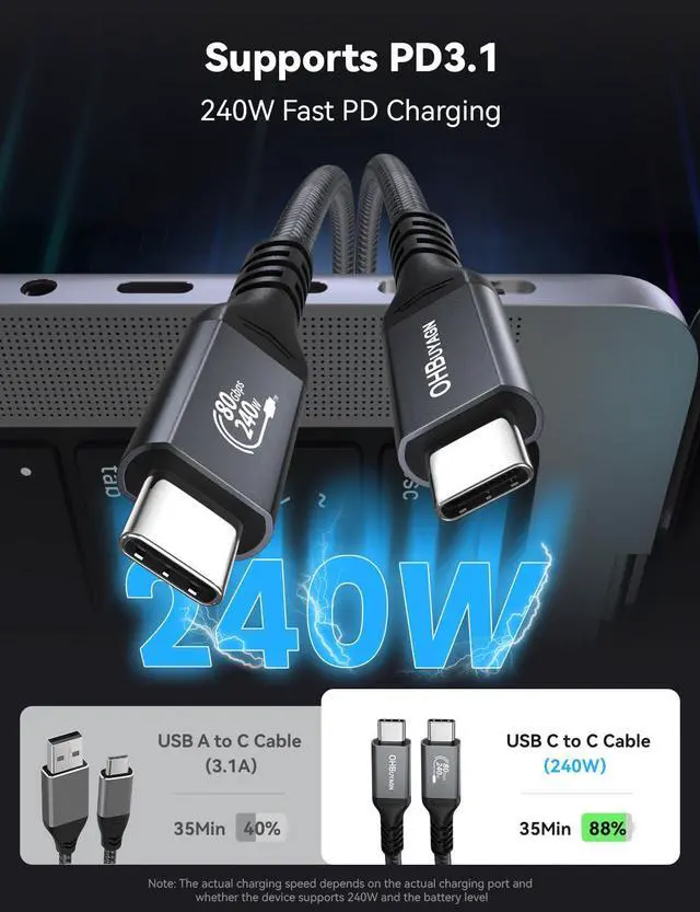 Alt view image 3 of 5 - 80Gbps USB 4 V2 Cable for Thunderbolt 4 Cable [2 Pack 3.3FT], PD 3.1 240W Fast Charging USB C Data Transfer Cable, Dual 8K/6K Video Monitor for Thunderbolt 5, iPhone, MacBook, Mac mini, SSD, Dell XPS