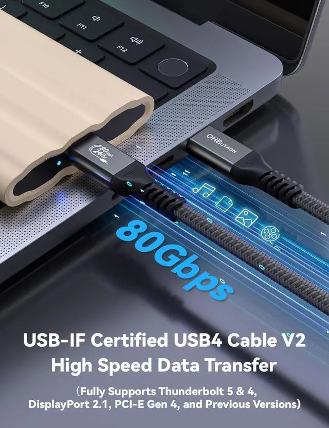 Alt view image 2 of 5 - 80Gbps USB 4 V2 Cable for Thunderbolt 4 Cable [2 Pack 3.3FT], PD 3.1 240W Fast Charging USB C Data Transfer Cable, Dual 8K/6K Video Monitor for Thunderbolt 5, iPhone, MacBook, Mac mini, SSD, Dell XPS