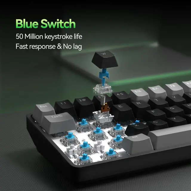 Alt view image 3 of 5 - TMKB T68 60% Wireless Mechanical Gaming Keyboard, Tri-Mode BT5.0/2.4GHz/USB-C with Clicky Blue Switch, RGB Backlight, Anti-Ghosting, Compact 68 Keys, Wired/Wireless, Gray/Black