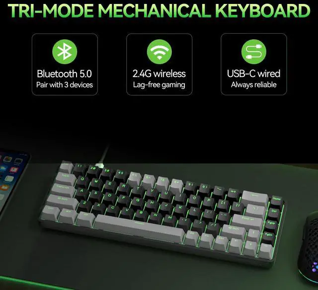 Alt view image 2 of 5 - TMKB T68 60% Wireless Mechanical Gaming Keyboard, Tri-Mode BT5.0/2.4GHz/USB-C with Clicky Blue Switch, RGB Backlight, Anti-Ghosting, Compact 68 Keys, Wired/Wireless, Gray/Black