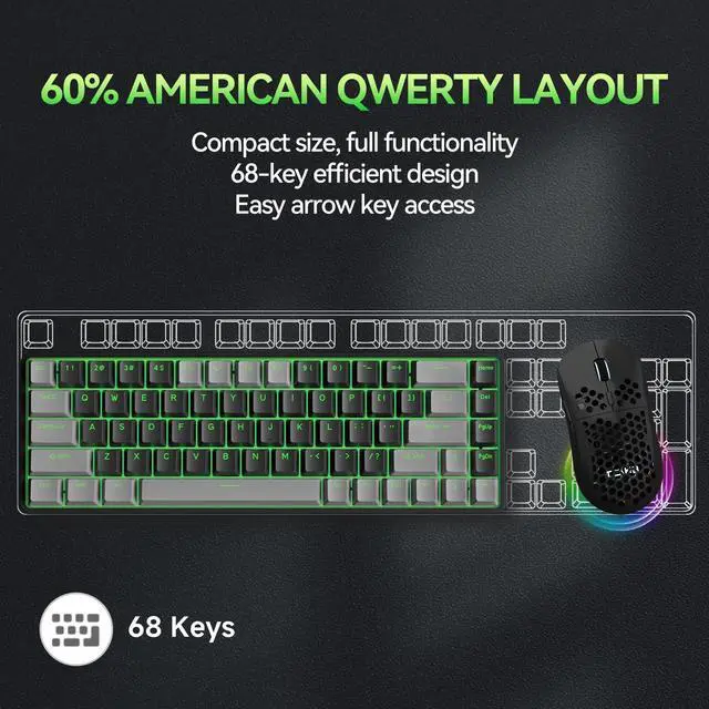 Alt view image 5 of 5 - TMKB T68 60% Wireless Mechanical Gaming Keyboard, Tri-Mode BT5.0/2.4GHz/USB-C with Clicky Blue Switch, RGB Backlight, Anti-Ghosting, Compact 68 Keys, Wired/Wireless, Gray/Black